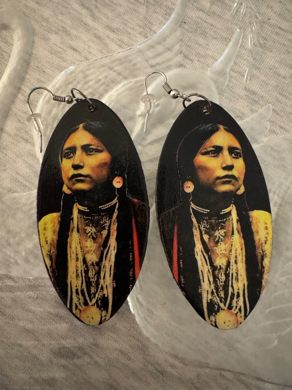 Lightweight Wood Painted Collaged Dangle Earring Young Indigenous Woman Photo